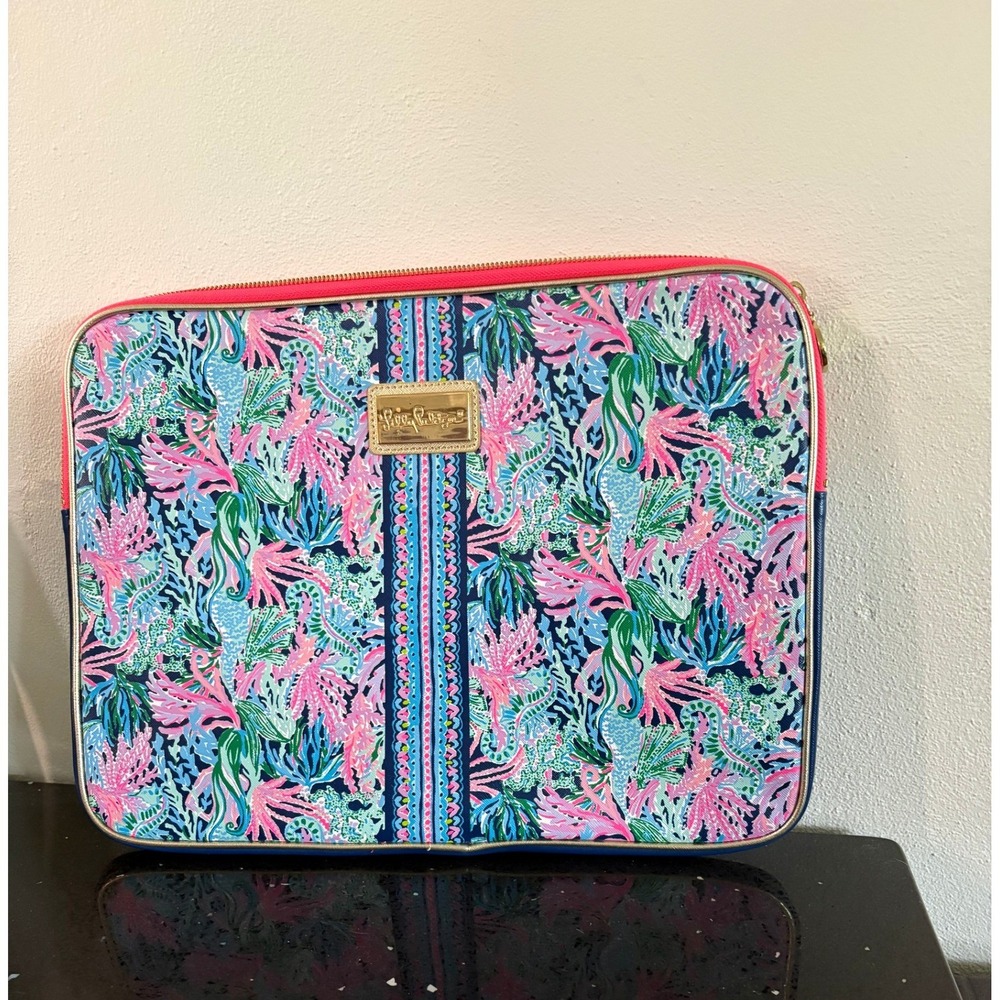 Lilly Pulitzer Mermaid Cove Laptop Sleeve Case Blue Pink Coral Gold Trim 15 inch